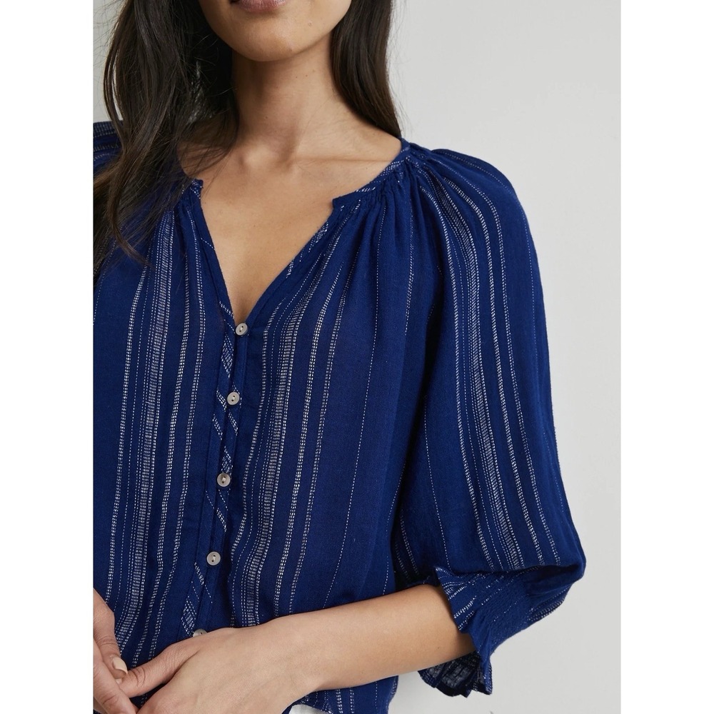 RAILS Women Top XS Blue Mariah Noja Linen Coastal Stripe Button Up Smocked Cuff
